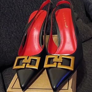 Chic Black and Red Heels with Gold Buckle